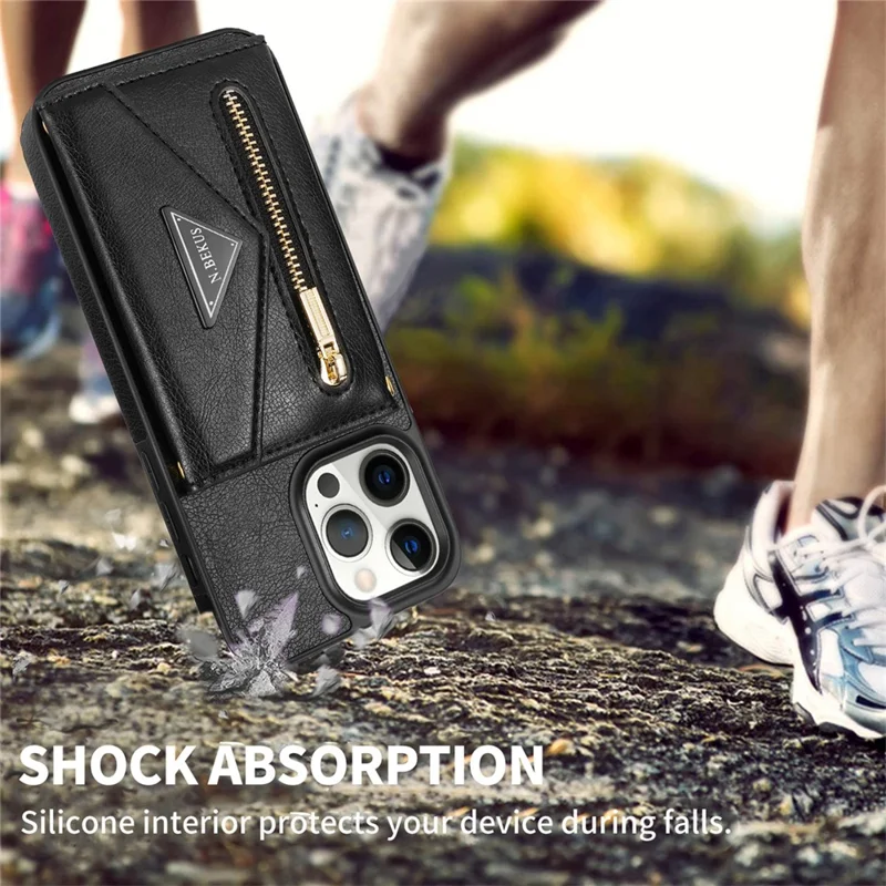 Coque de téléphone anti-goutte N.BEKUS pour iPhone 15 Pro, portefeuille avec poche zippée, support de table en PU et TPU - Noir