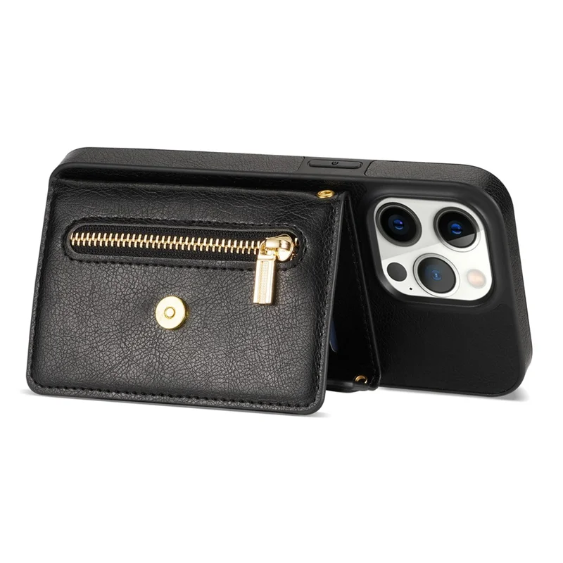 Coque de téléphone anti-goutte N.BEKUS pour iPhone 15 Pro, portefeuille avec poche zippée, support de table en PU et TPU - Noir