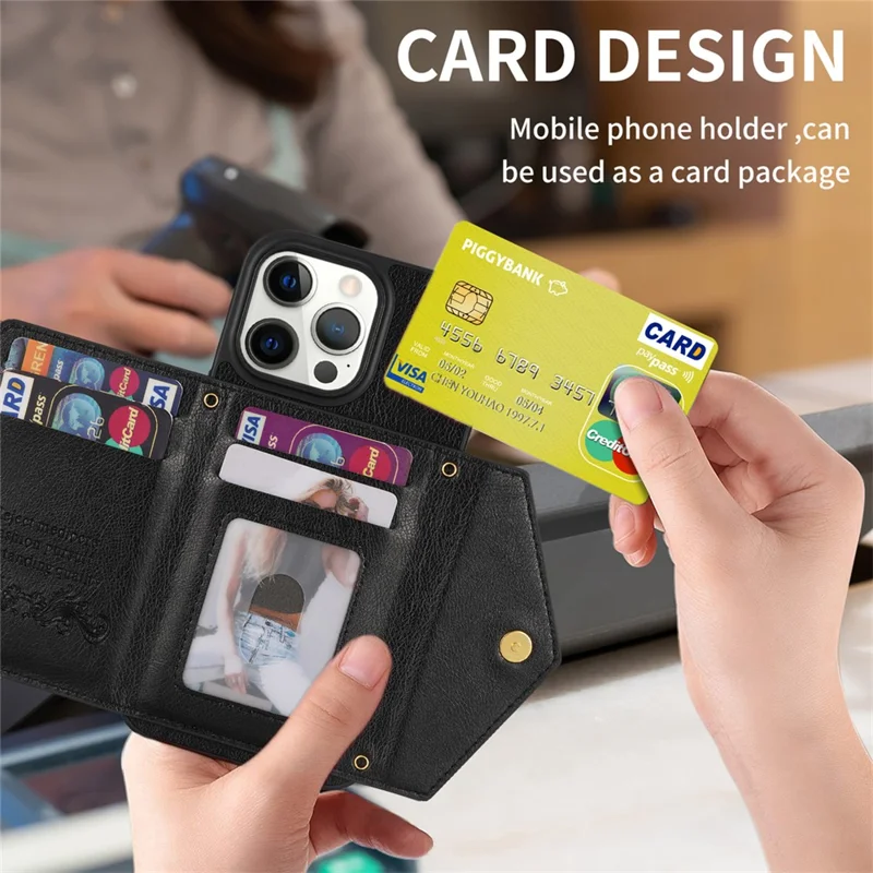 Coque de téléphone anti-goutte N.BEKUS pour iPhone 15 Pro, portefeuille avec poche zippée, support de table en PU et TPU - Noir