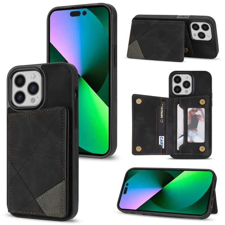 Per iPhone 15 Pro Line Splicing Imprinting Card Holder Kickstand PU Leather+TPU Back Case Phone Case - Nero