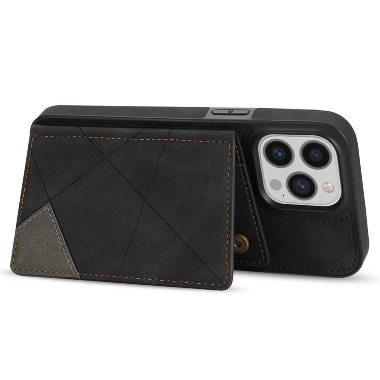 Per iPhone 15 Pro Line Splicing Imprinting Card Holder Kickstand PU Leather+TPU Back Case Phone Case - Nero