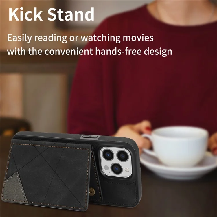 Per iPhone 15 Pro Line Splicing Imprinting Card Holder Kickstand PU Leather+TPU Back Case Phone Case - Nero