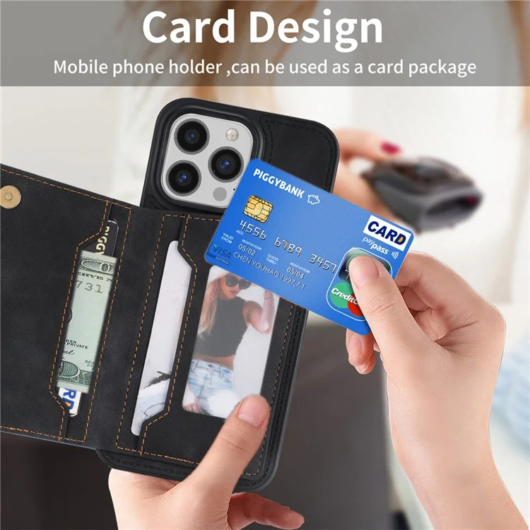 Per iPhone 15 Pro Line Splicing Imprinting Card Holder Kickstand PU Leather+TPU Back Case Phone Case - Nero