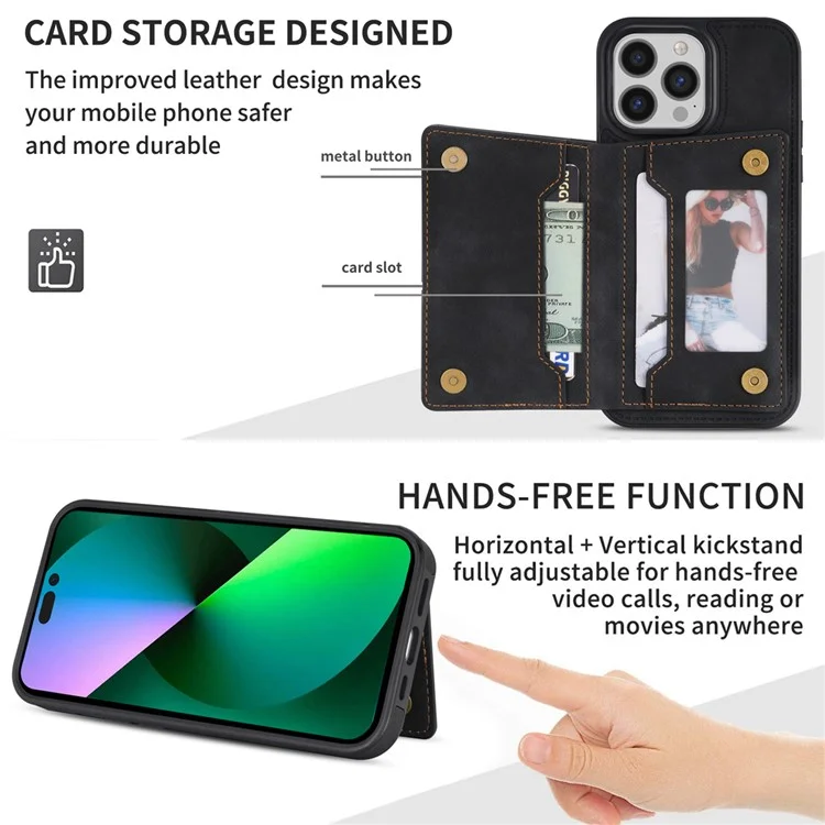 Per iPhone 15 Pro Line Splicing Imprinting Card Holder Kickstand PU Leather+TPU Back Case Phone Case - Nero
