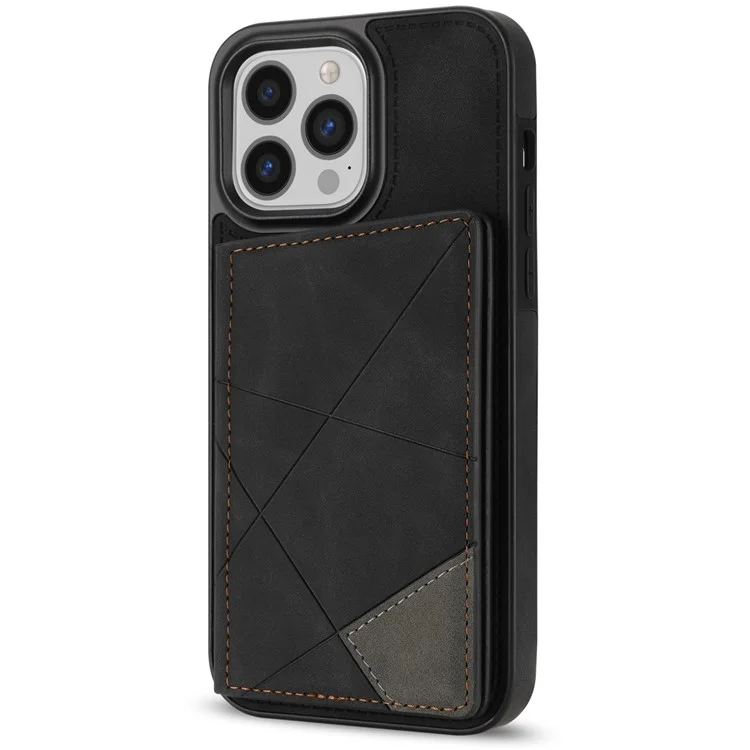 Per iPhone 15 Pro Line Splicing Imprinting Card Holder Kickstand PU Leather+TPU Back Case Phone Case - Nero