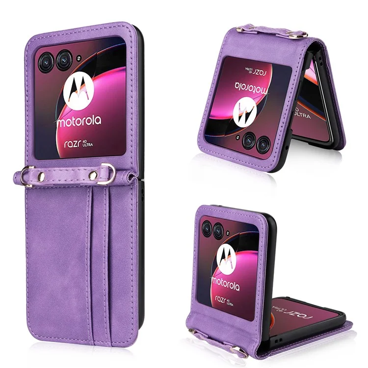 For Motorola Razr 40 Ultra 5G Hard PC + PU Leather Cover One-piece Design Card Slots Phone Case with Lanyard - Purple