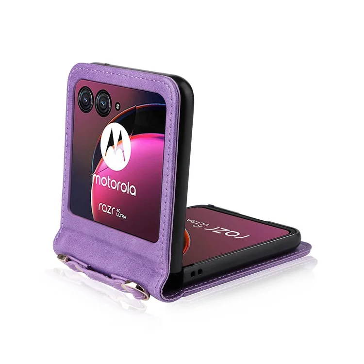 For Motorola Razr 40 Ultra 5G Hard PC + PU Leather Cover One-piece Design Card Slots Phone Case with Lanyard - Purple
