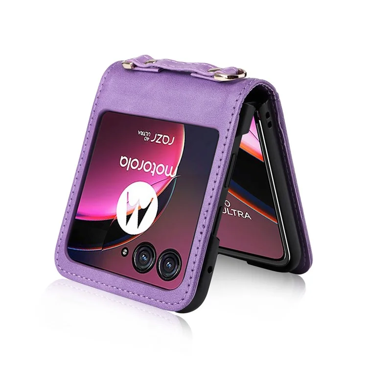 For Motorola Razr 40 Ultra 5G Hard PC + PU Leather Cover One-piece Design Card Slots Phone Case with Lanyard - Purple