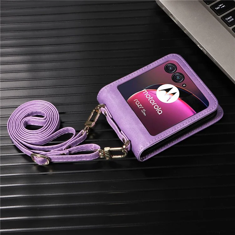 For Motorola Razr 40 Ultra 5G Hard PC + PU Leather Cover One-piece Design Card Slots Phone Case with Lanyard - Purple