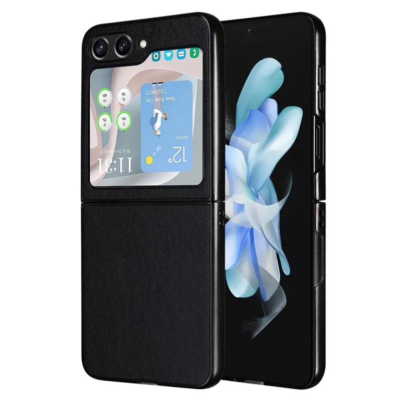 For Samsung Galaxy Z Flip5 5G Shockproof Phone Case Texture PU Leather+PC Slim Cover - Black
