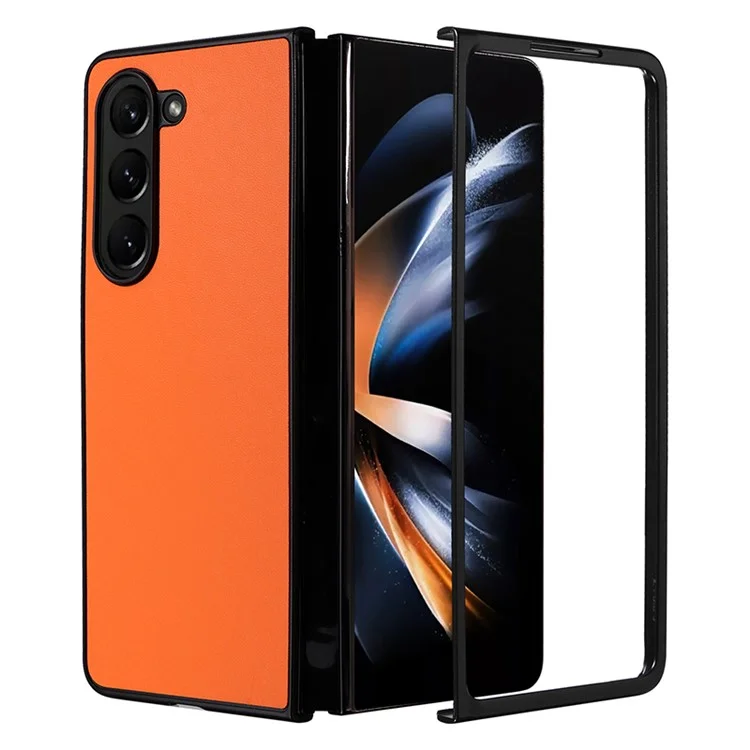 For Samsung Galaxy Z Fold5 5G Textured PU Leather+PC Phone Case Folding Back Cover - Orange