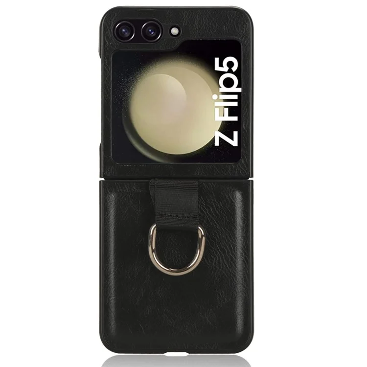 Para Samsung Galaxy Z Flip5 5G Protective Phone Case PU Leather Coated PC Cover with Finger Ring Holder - Preto
