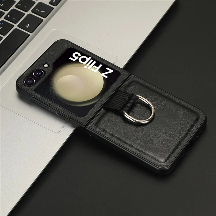 Para Samsung Galaxy Z Flip5 5G Protective Phone Case PU Leather Coated PC Cover with Finger Ring Holder - Preto