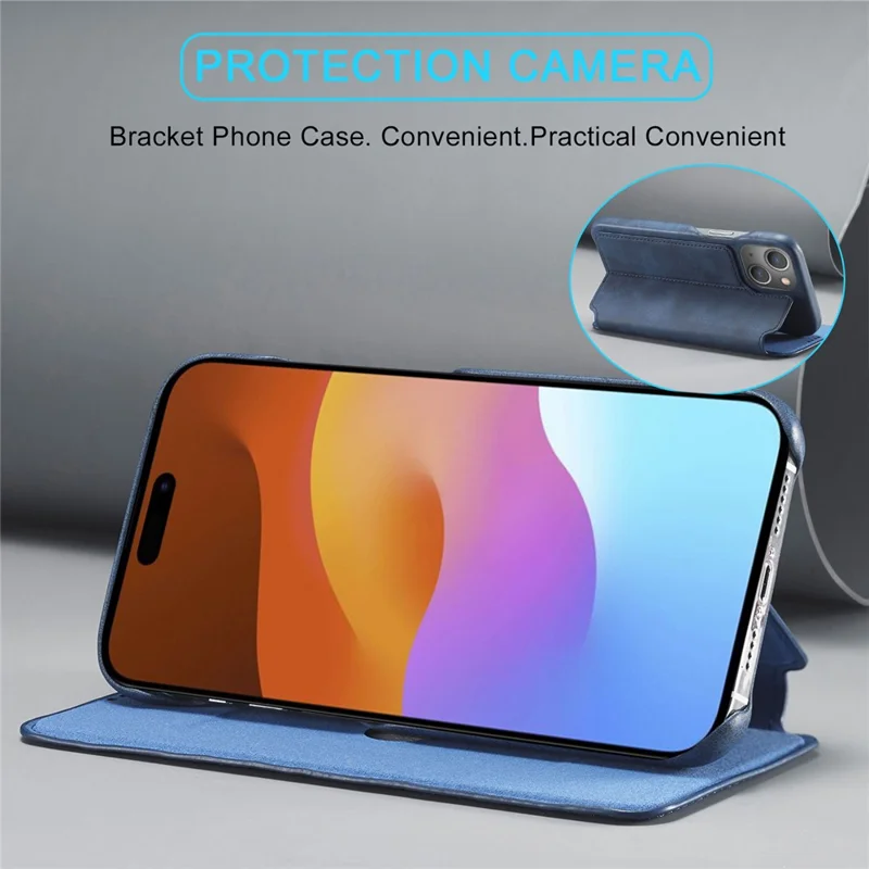 LC.IMEEKE til iPhone 15 Plus PU-læder stående telefonbeskytning med ét kortfag, beskyttelsesdæksel mod fald - Blå