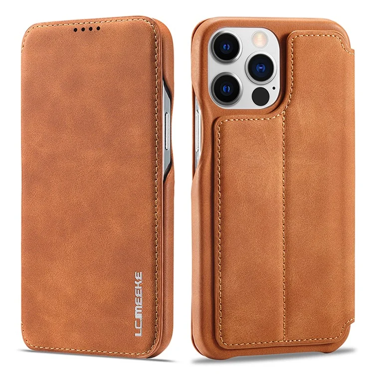 LC.IMEEKE For iPhone 15 Pro Leather Stand Phone Case Shockproof Card Holder Cover - Brown