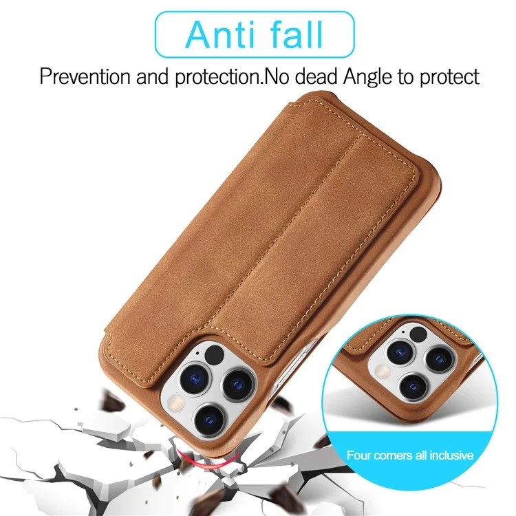 LC.IMEEKE For iPhone 15 Pro Leather Stand Phone Case Shockproof Card Holder Cover - Brown