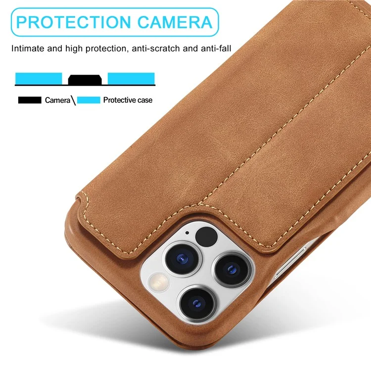 LC.IMEEKE For iPhone 15 Pro Leather Stand Phone Case Shockproof Card Holder Cover - Brown