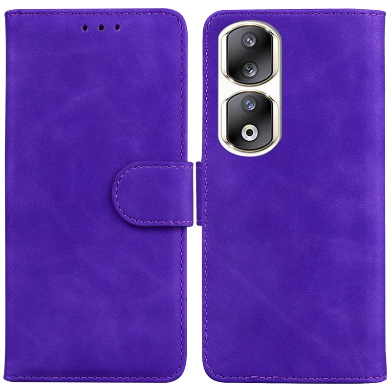 Solid Color PU Leather Phone Case for Honor 90 Pro Wallet Cell Phone Protective Cover with Stand - Purple
