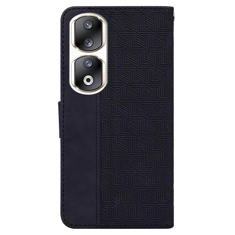 Shockproof Shell for Honor 90 Pro PU Leather Flip Cover Geometry Imprinted Wallet Phone Case - Black