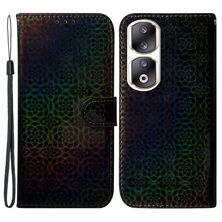Wallet Phone Case for Honor 90 Pro Dazzling Flower Pattern Stand Cell Phone PU Leather Cover - Black