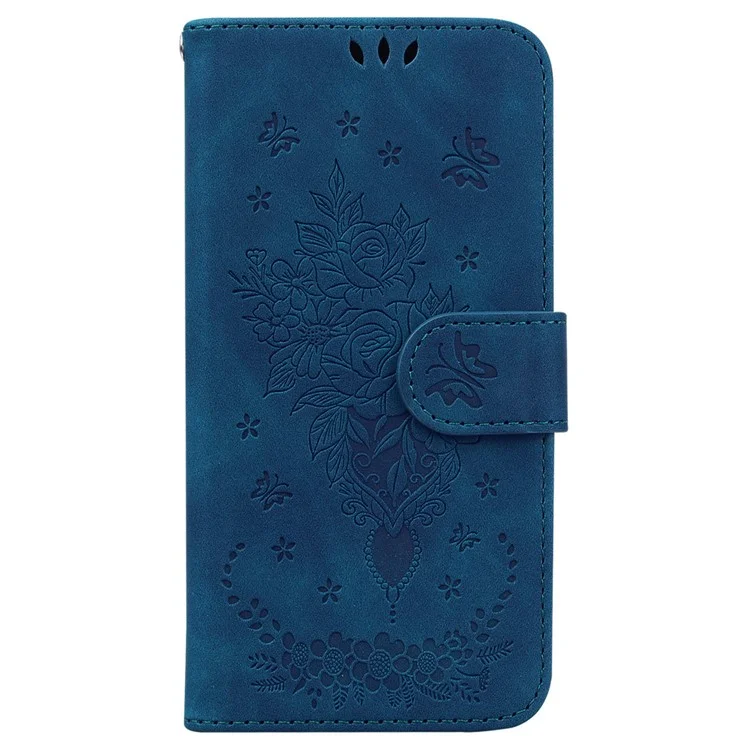 Capa à prova de choques para Honor 90 Rose Butterfly Imprinted Wallet Phone Case Capa Flip de Couro PU - Azul