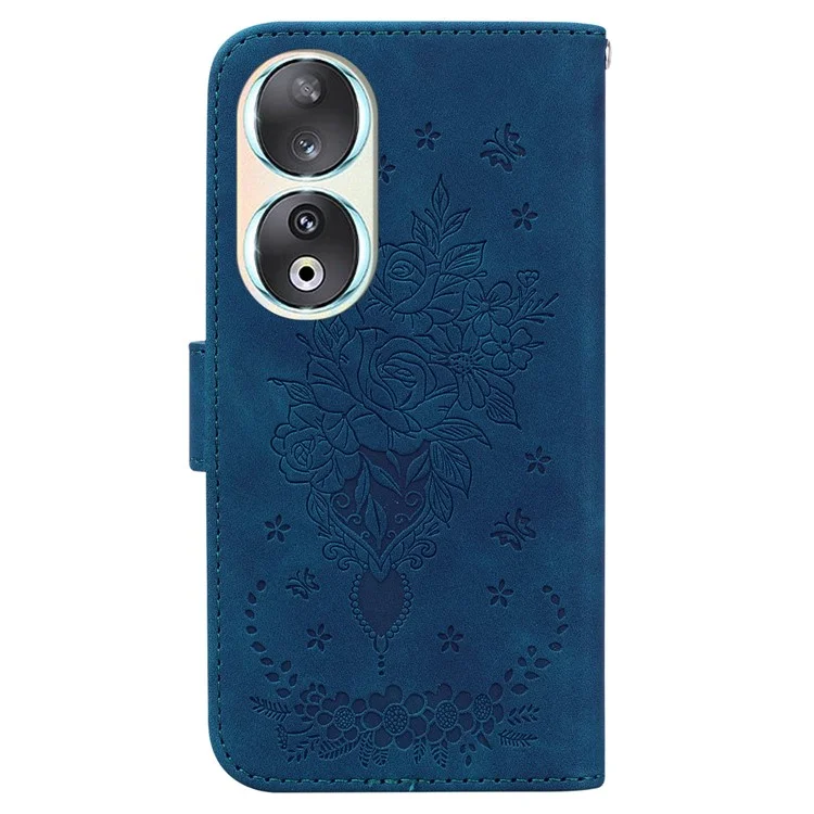 Capa à prova de choques para Honor 90 Rose Butterfly Imprinted Wallet Phone Case Capa Flip de Couro PU - Azul