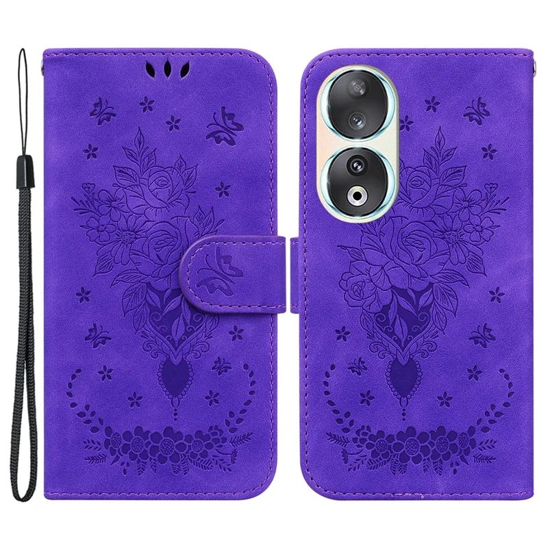 Shockproof Case for Honor 90 Rose Butterfly Imprinted Wallet Phone Case PU Leather Flip Cover - Purple