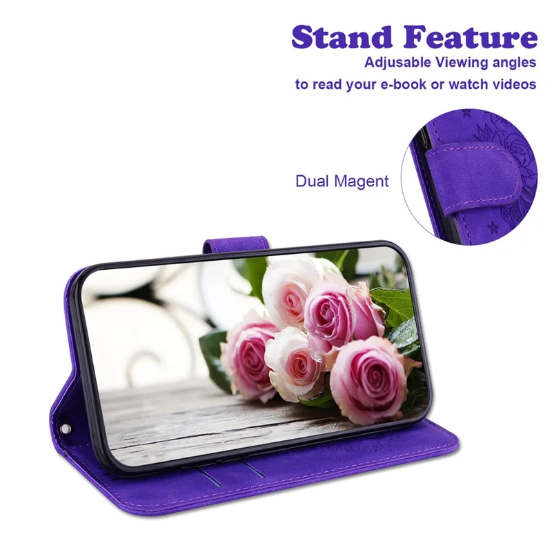 Shockproof Case for Honor 90 Rose Butterfly Imprinted Wallet Phone Case PU Leather Flip Cover - Purple