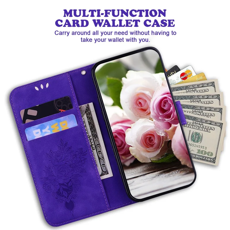 Shockproof Case for Honor 90 Rose Butterfly Imprinted Wallet Phone Case PU Leather Flip Cover - Purple