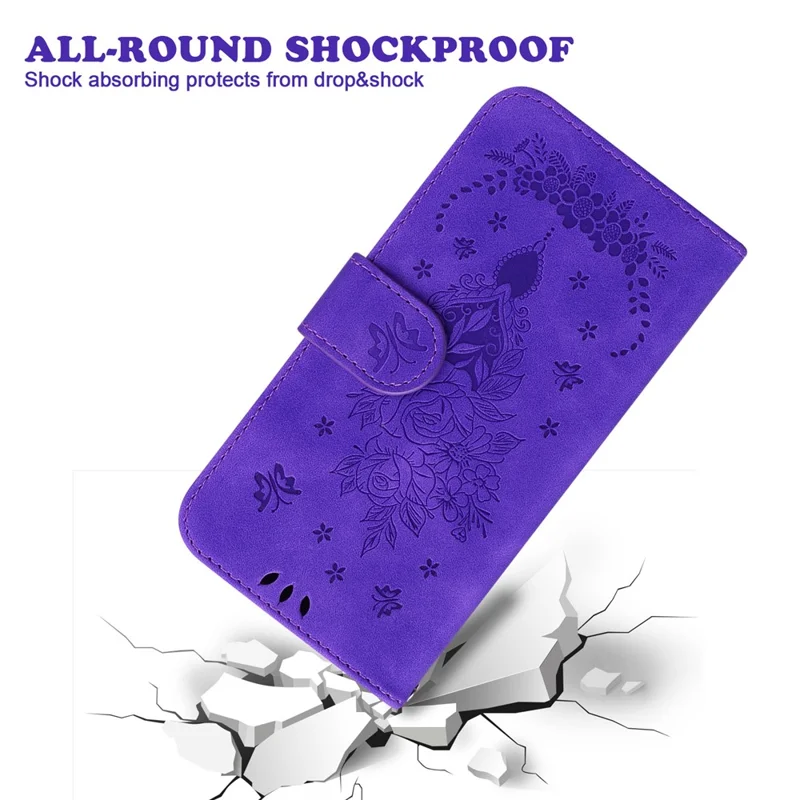 Shockproof Case for Honor 90 Rose Butterfly Imprinted Wallet Phone Case PU Leather Flip Cover - Purple