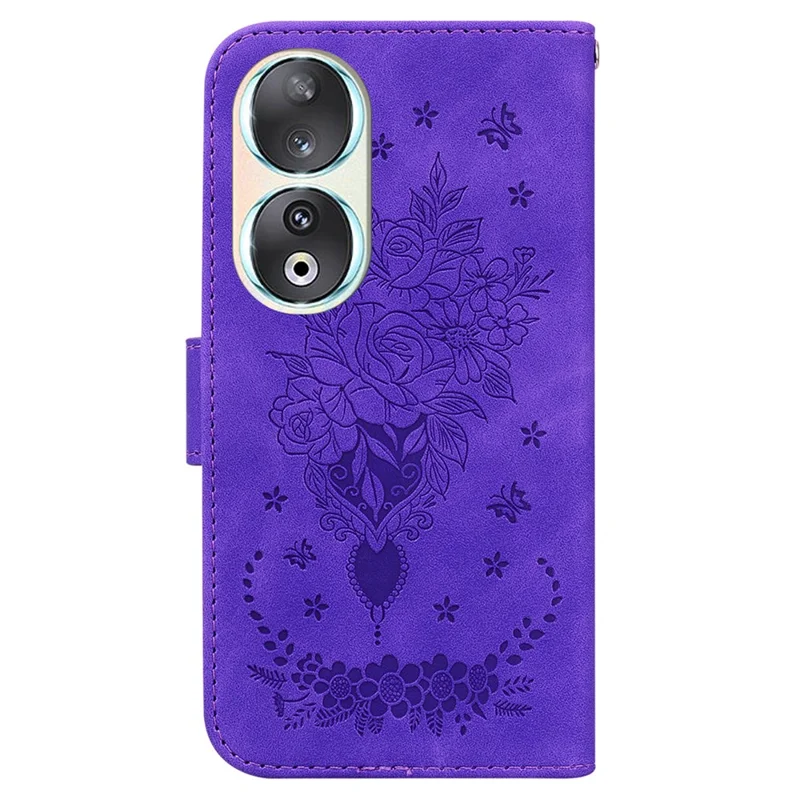 Shockproof Case for Honor 90 Rose Butterfly Imprinted Wallet Phone Case PU Leather Flip Cover - Purple