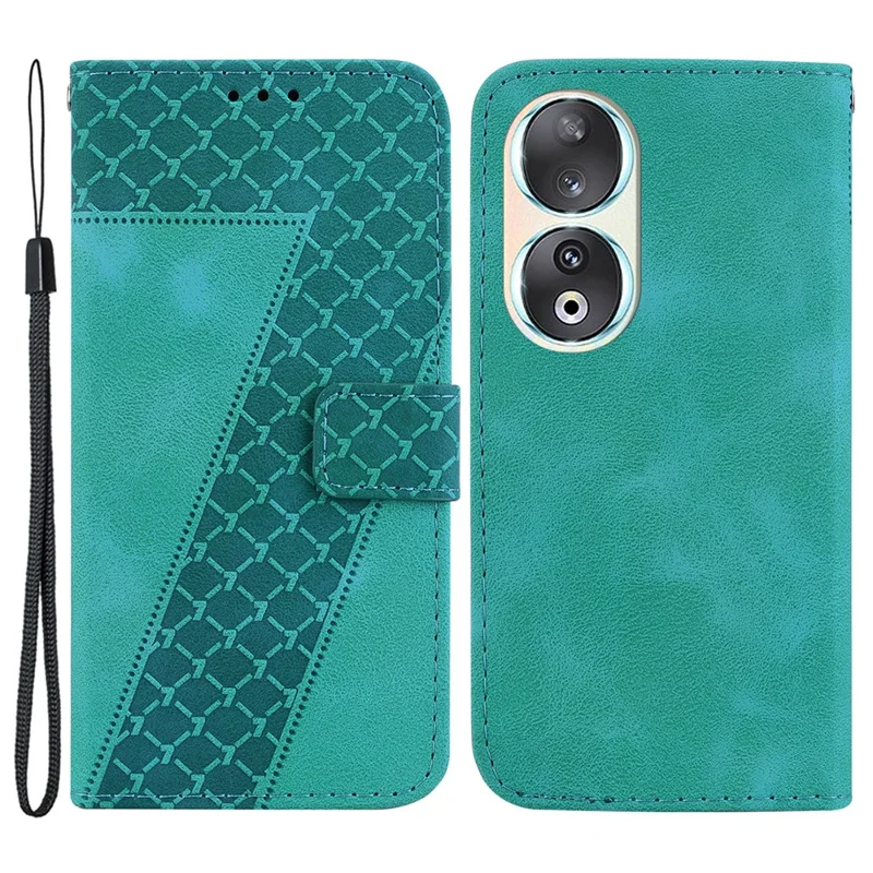 PU Leather Wallet Case for Honor 90 , 7-Shape Imprinted Shockproof Anti-Drop Phone Cover - Green