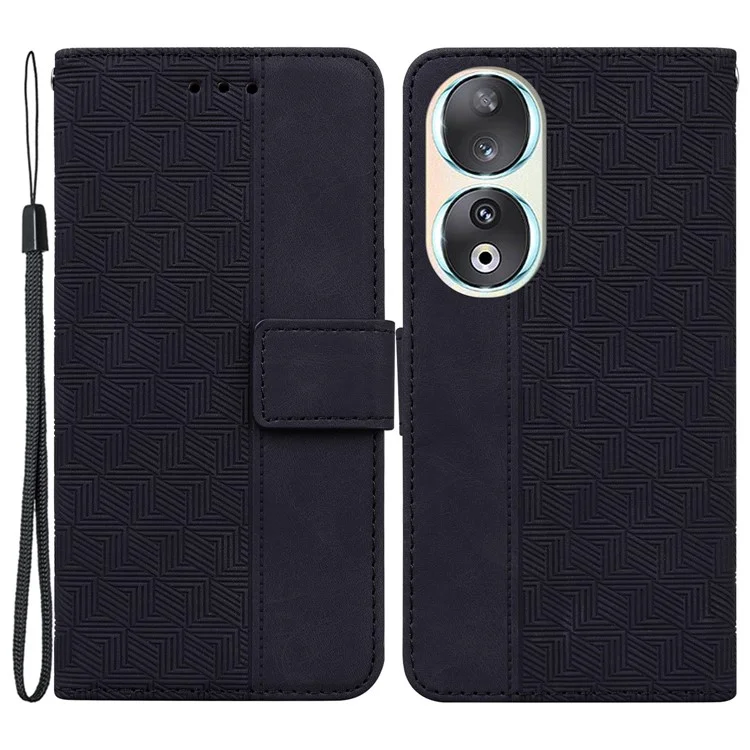 Stoßfeste Hülle für Honor 90 Geometrisch bedrucktes PU-Leder-Flip-Cover, Anti-Drop-Geldbörsen-Handyhülle - Schwarz