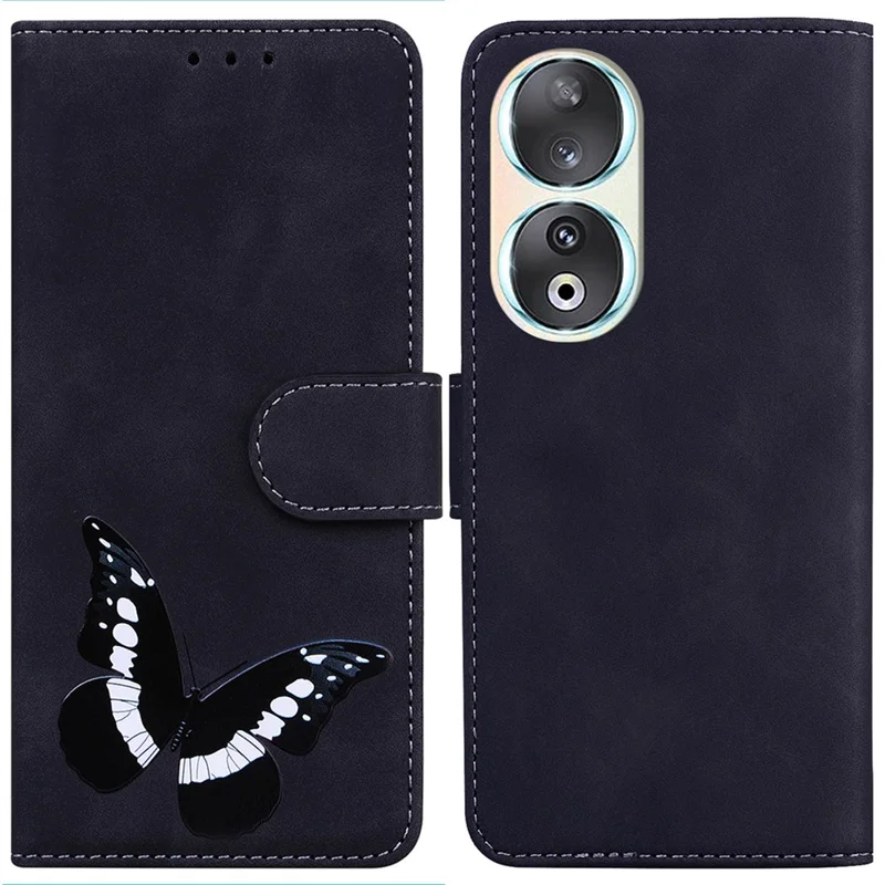 Anti-Drop Wallet Phone Case til Honor 90 Butterfly Print Skin-Touch PU Læder Flip Cover - Sort