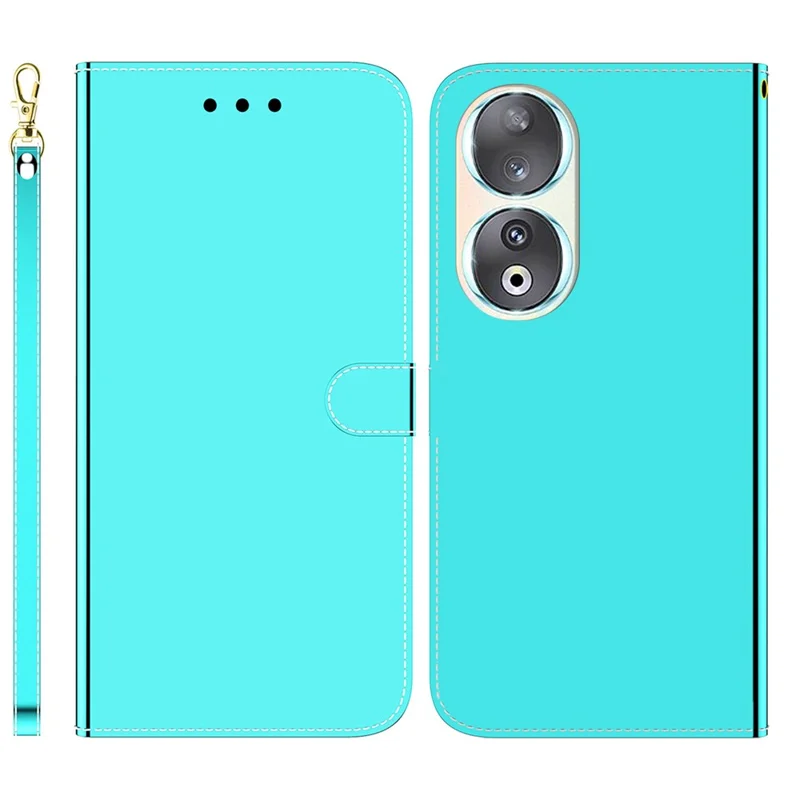 Wallet Phone Case for Honor 90 Mirror-Like Surface PU Leather Stand Flip Cover - Cyan
