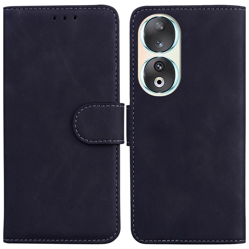 Solid Color Leather Phone Case for Honor 90 , Stand Wallet Cell Phone Protective Cover - Black