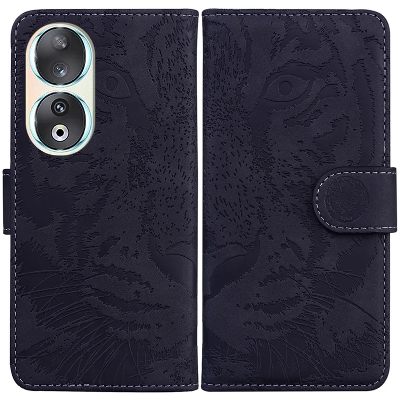 Tiger Imprint PU Leather Phone Cover per Honor 90, Custodia protettiva per telefono con portafoglio e supporto - Nero