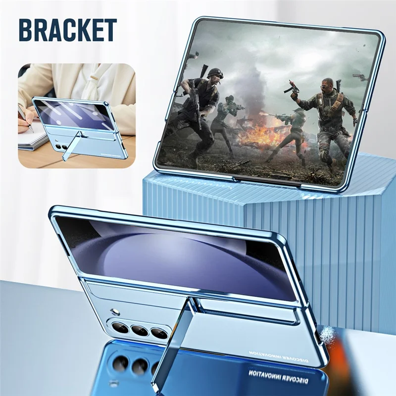 For Samsung Galaxy Z Fold5 5G Kickstand Case Hinge Protection PC Phone Cover with Screen Film / Stylus - Blue