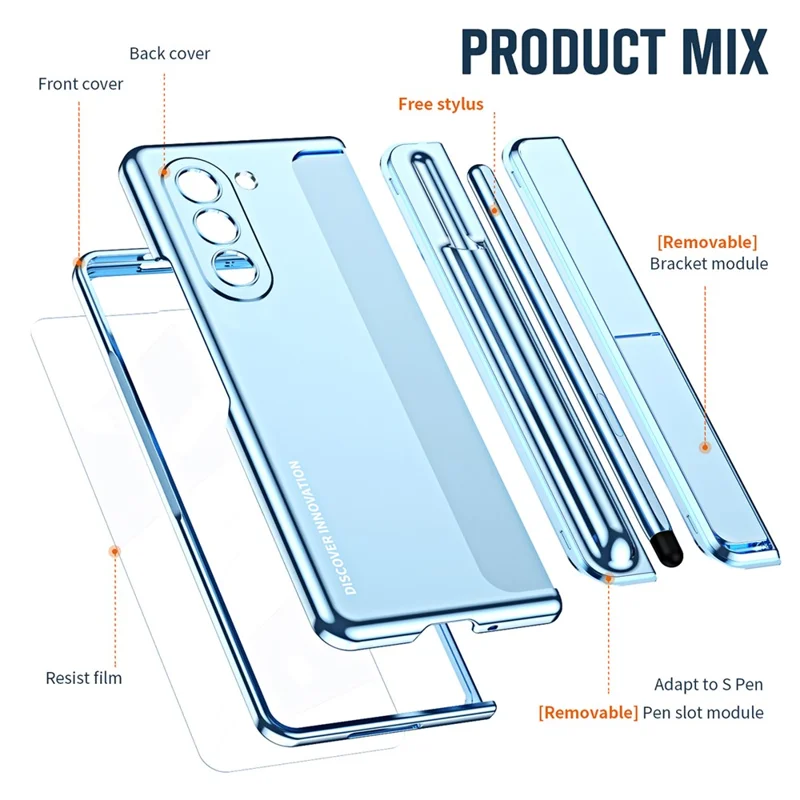 For Samsung Galaxy Z Fold5 5G Kickstand Case Hinge Protection PC Phone Cover with Screen Film / Stylus - Blue