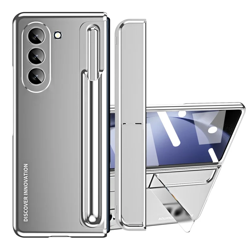 For Samsung Galaxy Z Fold5 5G Kickstand Case Hinge Protection PC Phone Cover with Screen Film / Stylus - Silver