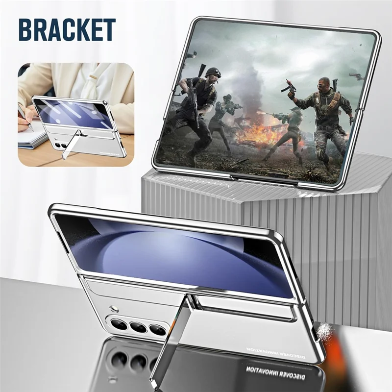 For Samsung Galaxy Z Fold5 5G Kickstand Case Hinge Protection PC Phone Cover with Screen Film / Stylus - Silver