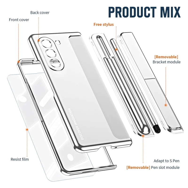 For Samsung Galaxy Z Fold5 5G Kickstand Case Hinge Protection PC Phone Cover with Screen Film / Stylus - Silver