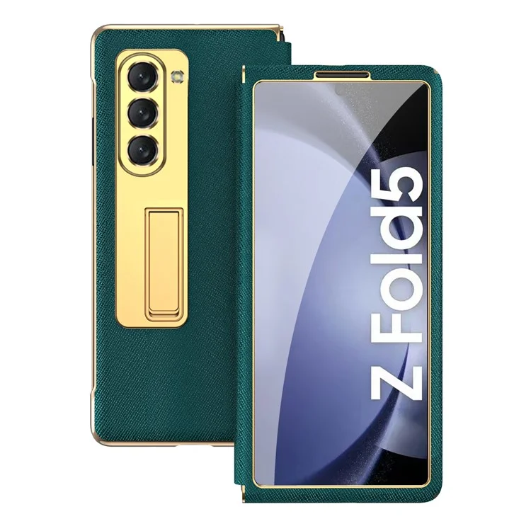 Para Samsung Galaxy Z Fold5 5G Estuche de teléfono con revestimiento de PU y PC con efecto cromado, cubierta con textura cruzada y soporte, con película protectora de pantalla frontal - Cian