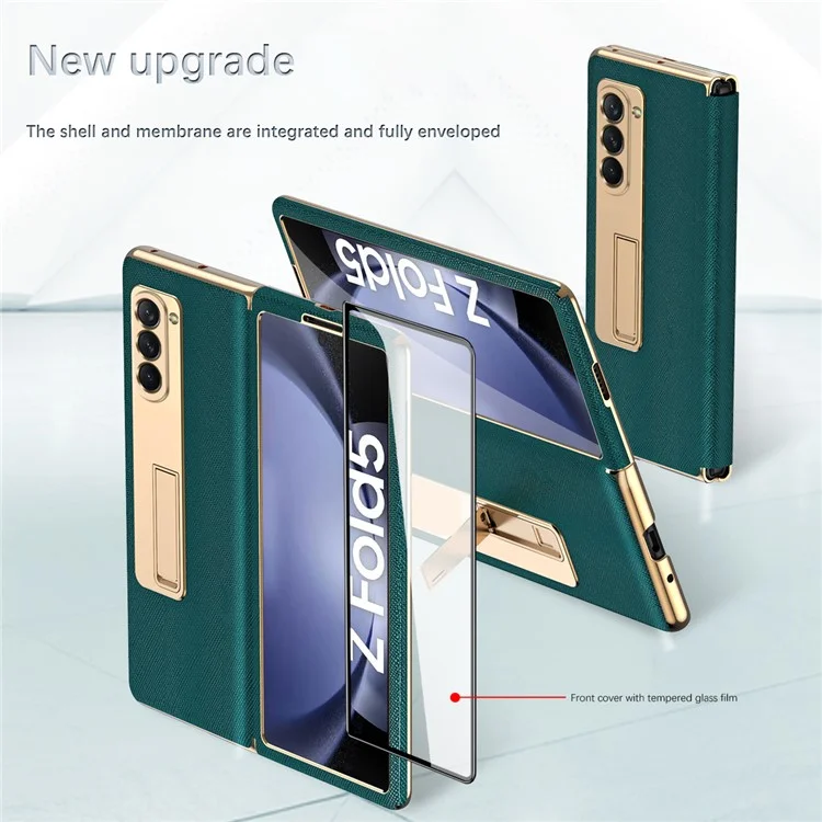 Para Samsung Galaxy Z Fold5 5G Estuche de teléfono con revestimiento de PU y PC con efecto cromado, cubierta con textura cruzada y soporte, con película protectora de pantalla frontal - Cian