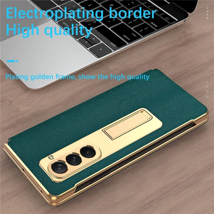 Para Samsung Galaxy Z Fold5 5G Estuche de teléfono con revestimiento de PU y PC con efecto cromado, cubierta con textura cruzada y soporte, con película protectora de pantalla frontal - Cian