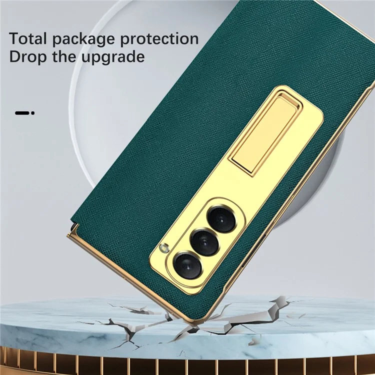 Para Samsung Galaxy Z Fold5 5G Estuche de teléfono con revestimiento de PU y PC con efecto cromado, cubierta con textura cruzada y soporte, con película protectora de pantalla frontal - Cian