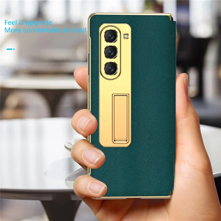 Para Samsung Galaxy Z Fold5 5G Estuche de teléfono con revestimiento de PU y PC con efecto cromado, cubierta con textura cruzada y soporte, con película protectora de pantalla frontal - Cian