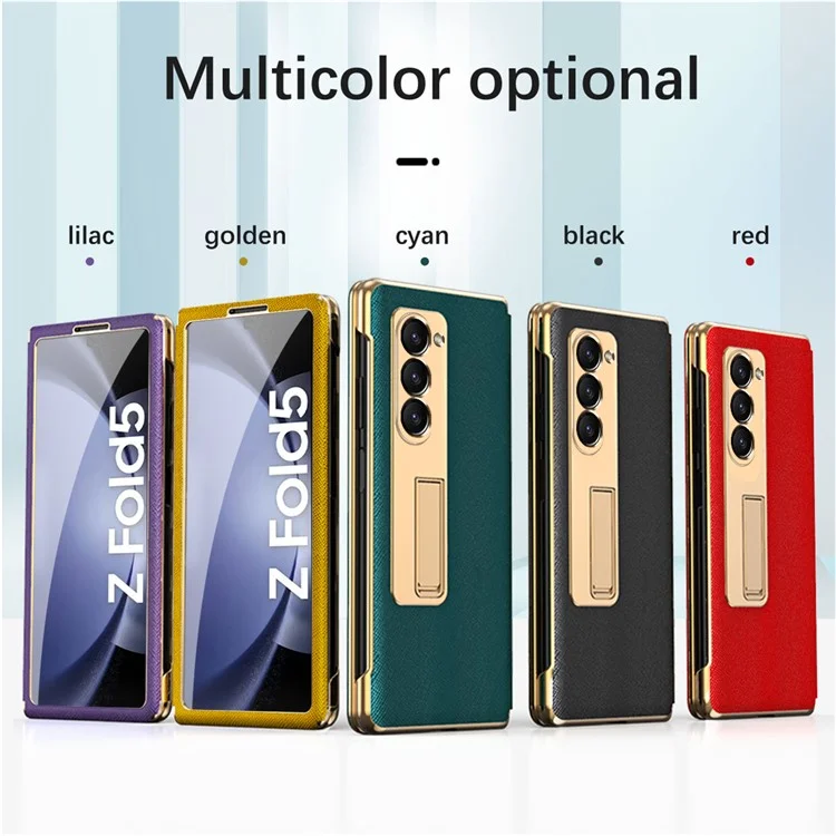 Para Samsung Galaxy Z Fold5 5G Estuche de teléfono con revestimiento de PU y PC con efecto cromado, cubierta con textura cruzada y soporte, con película protectora de pantalla frontal - Cian