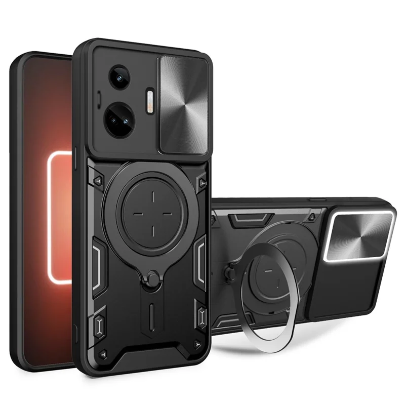 For Realme GT3 5G / GT Neo 5 5G PC+TPU Rotate Kickstand Cover Slide Lens Protection Shockproof Phone Case - Black