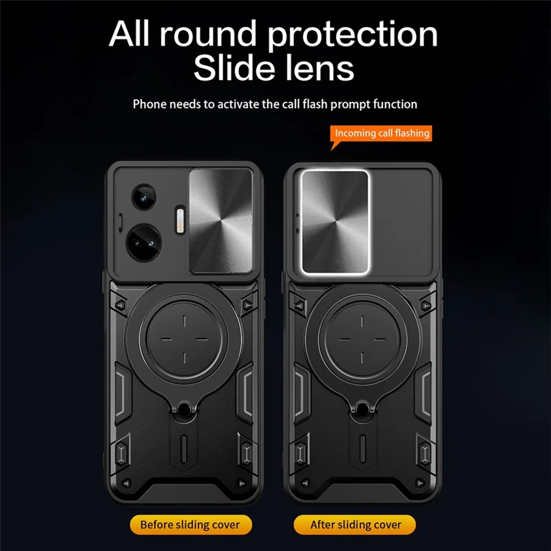 For Realme GT3 5G / GT Neo 5 5G PC+TPU Rotate Kickstand Cover Slide Lens Protection Shockproof Phone Case - Black